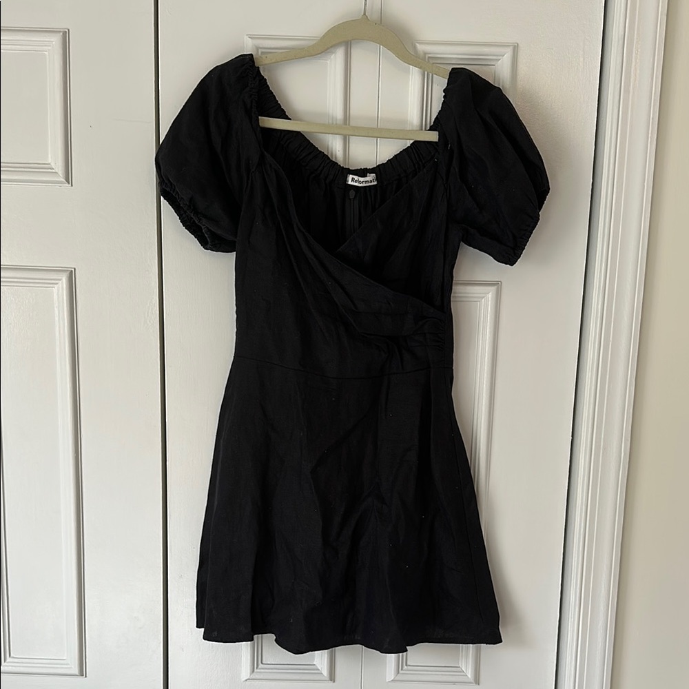 Reformation Black Puff off the shoulder Sleeve Mini Dress